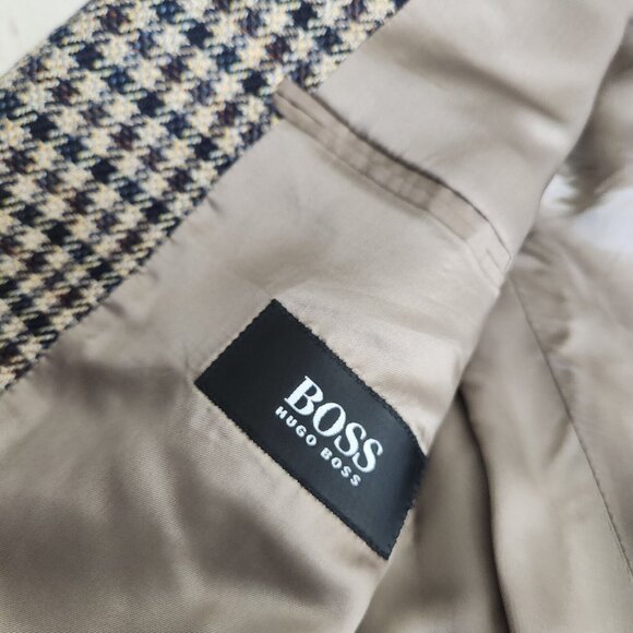 BOSS Blazer Cashmere Wool Sports Coat‎ 42 Plaid Checker Brown Double Vent - Picture 2 of 16